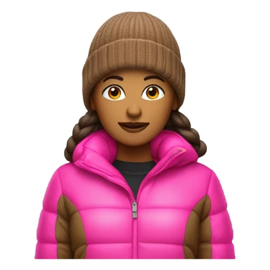 Brown woman brown puffer jacket neon pink nitted beanie  sticker
