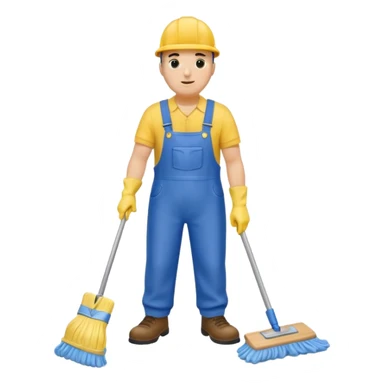 Custodian with yellow rubber gloves, blue overalls, mopping floor sticker