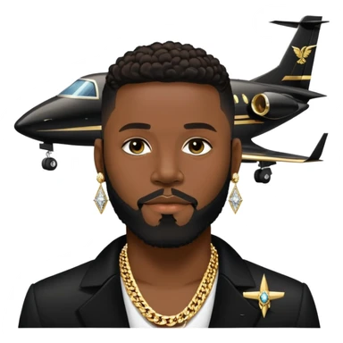 portrait of a Josh king Madrid in black with a gold private plane behind him . Wearing big sparkly diamond earrings and diamond chains on with a cigar in his mouth. Light black clean perfect lined up thin-beard . Looks unfazed cool sticker