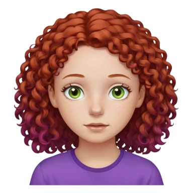 pale white teen girl with light blueish green eyes and freckles with brownish red curly middle part hair and purple shirt sticker