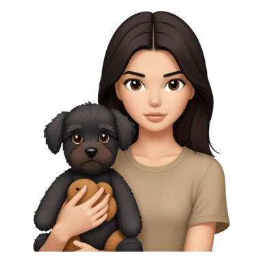 Kendall Jenner with long dark hair, holds a brown teddy bear and a black schnauzer sticker