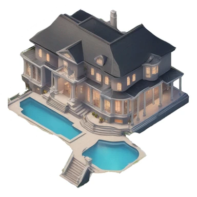 luxurious mansion viewed from above at a 45deg angle so you can see the front and side both. no pool, just a driveway, and uplit from the bottom sticker