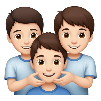 Three cute young brunette brothers playing  sticker