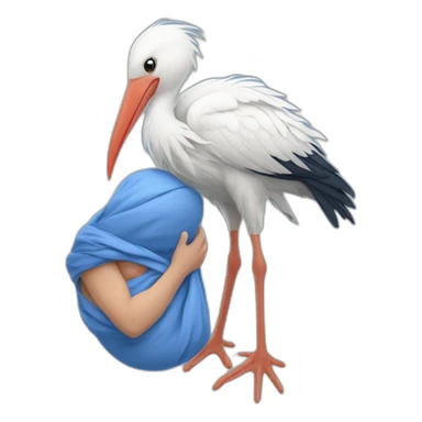 White stork carrying a blue bundle of cloth in its big beak that has a cute human person cute baby boy inside and his head is peeking from the fabric the strok is carrying in its beak sticker