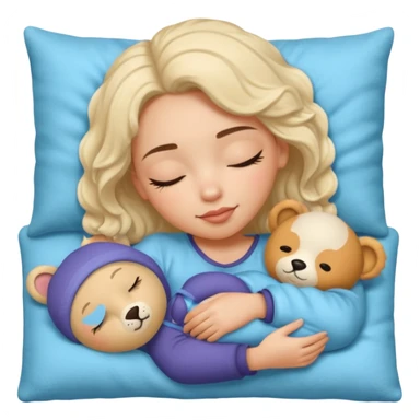 single-girl-in-Warm Cream-cozy-blue-bed-sleeping-pretty-eyelashes-light-skin-with toy sticker