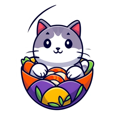 cat sitting in a decorated Easter egg made of sushi, colorful Easter patterns on the sushi egg sticker