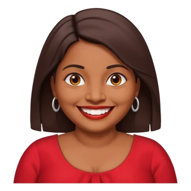 50 yr old chubby Sri Lankan woman, dark skin, straight brown hair, big smile, white teeth, red dress clothes, shoulder length hair sticker