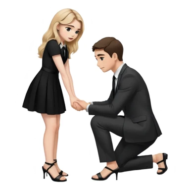  Sabrina carpenter kneeling down wearing a black dress with a tie with black heel sandals, putting her hand on man’s leg  sticker