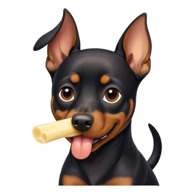 A black German pinscher eating with flappy ears a piece of string cheese sticker