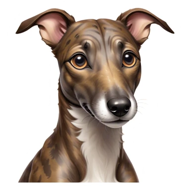 Cinematic Cute Brindle Greyhound Portrait Emoji, Head tilted playfully and inquisitively, featuring a sleek brindle Fur with subtle variations and round, sparkling eyes filled with curiosity, Simplified yet irresistibly adorable features, highly detailed, glowing with a warm, friendly glow, high shine, affectionate and nimble, stylized with a touch of whimsy, bright and endearing, soft glowing outline, capturing the essence of a mischievous yet loving companion, so playful it feels like it could sprint out of the screen and into your arms! sticker