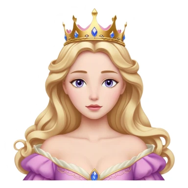 Cinematic Realistic Sleeping Beauty (Aurora) Portrait, with porcelain-like skin featuring a natural rosy flush, illuminated by soft lighting that highlights the gentle contours of her face. Her golden blonde hair flows in soft, detailed waves with subtle highlights that shimmer in the light. Her deep violet-blue eyes radiate warmth and innocence, framed by arched brows and long lashes. Her serene expression exudes quiet elegance. She is dressed in her classic pink gown, the fabric rich in texture with delicate folds that catch the light. A golden crown rests atop her head, gleaming with royal refinement. The portrait captures a soft, glowing aura, blending realism with an ethereal sense of beauty and timeless enchantment. sticker