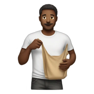 man holding tee-shirt with a dark stain on it sticker