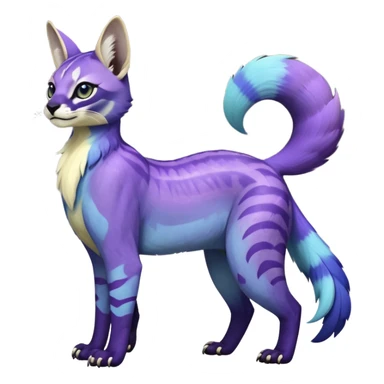 banana-cream-colored, tropical tribal glorious iridescent divine exotic cute cool beautiful beautiful fantasy-caracal-civet-genet-sergal-vernid-Gryphon-Cacomistle-Trico-oncilla-animal-Fakémon-hybrid-fursona (full body) with light slight indigo-violet-gradients accents  sticker