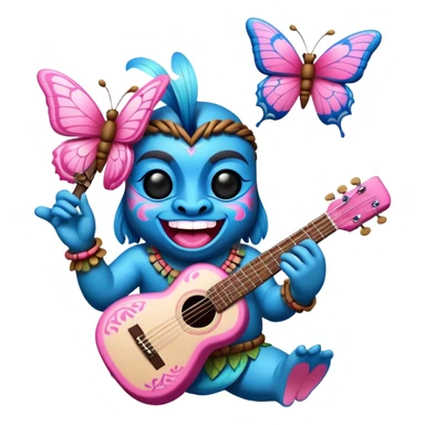 Pixar style little Cartoon Blue and pink tiki singing with a butterfly and playing a guitar, ultra detailed and lifelike imagery sticker