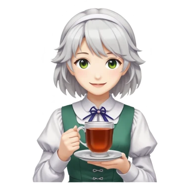 Sakuya Izayoi from Touhou Project stands with cup of tea in her hands and smiles sticker