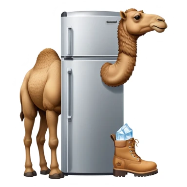 A desert camel head and neck attached to a stainless steel refrigerator body with ice dispenser, wearing classic Timberland-style work boots sticker