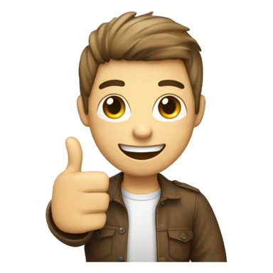 A young person holding a phone call form featuring a happy face emoji and giving a thumbs-up, symbolizing positive feedback sticker