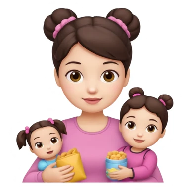 Cute small Toddler emoji with two small buns dark brown hair, fair skin, in pink top, holding toddler snacks & doll sticker