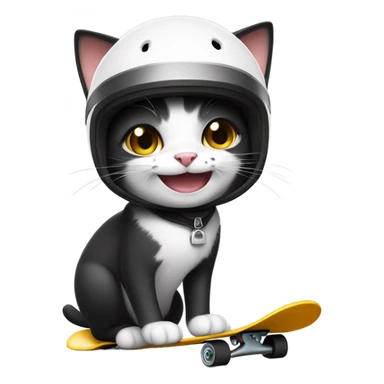 Smiling Black and white cat skateboarding with crash helmet  sticker