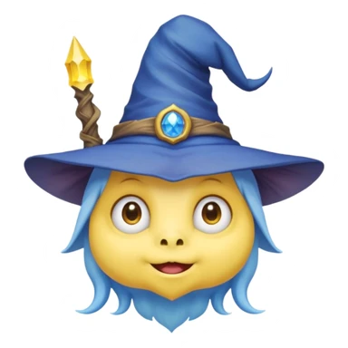 cute monster with white body, yellow tail, wearing blue sky witch hat. the face facing the front towards the 4th wall sticker