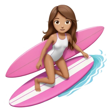 Girl with long brown hair surfing at pink short board in the white swimsuit  sticker