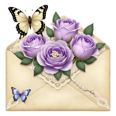 A delicate still life of an aged love letter sealed with golden wax, placed on a vintage lace doily, accompanied by a bouquet of pale purle roses and white peonies, with a shimmering pearl butterfly resting on the envelope. sticker