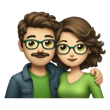 A heavy set boy with brown hair blue eyes and a mustache is kissing a green haired girl who is thin with green eyes and wearing glasses sticker