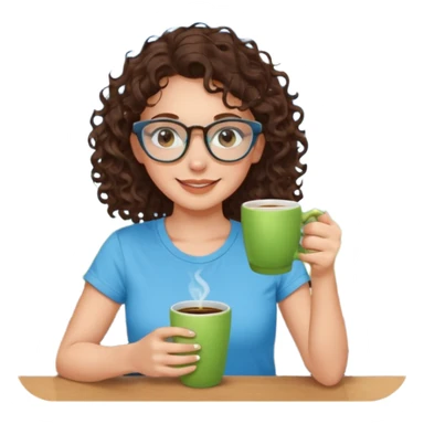 White girl with dark brown curly hair, brown eyes, sky blue glasses, nose ring, apple green t shirt, drinking coffee from a glass cup sticker