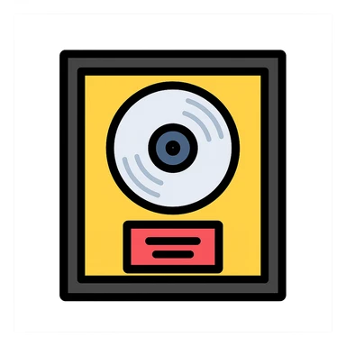 platinum record award in a black frame, shiny disc, music plaque, color icon sticker