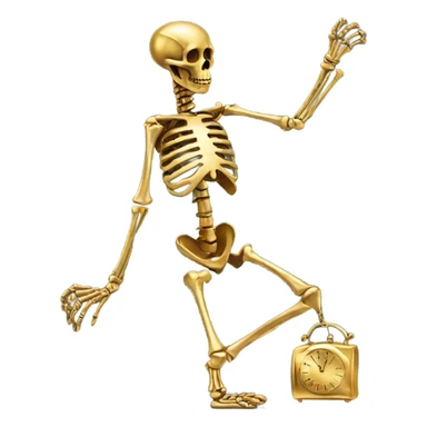 A skeleton made out of gold with a rabbit with a watch on  sticker