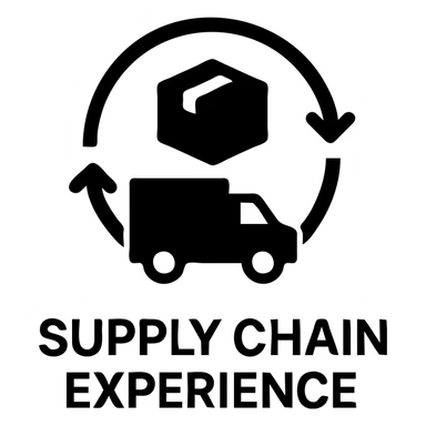 Minimalistic icon for 'Supply Chain Experience' featuring a logistics symbol, designed in a solid black filled style, with a linear layout sticker