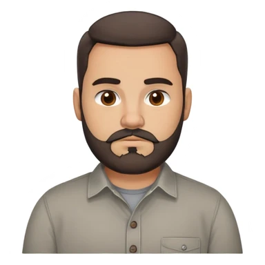 Stocky approachable man with light brown complexion, round friendly face, full cheeks, kind dark eyes, thick eyebrows, wide nose, medium lips with warm expression, short well-maintained full beard, short dark hair with simple cut, wearing a gray casual button-up shirt sticker