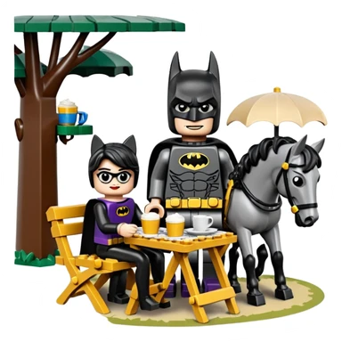  Ultra cute  Lego detailed 1854 Batman and pretty Catwoman dream horse drawn Caravan with picnic table and folding chairs alone at romantic afternoon (hot chocolate and cheeseburgers on the grill) sticker