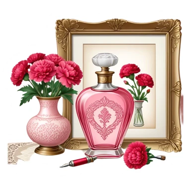 An ornate glass perfume bottle in Petal Pink with a vintage atomizer rests on an antique lace-covered table. Vibrant Strawberry Red carnations spill from a porcelain vase nearby, their fragrance mingling with the soft floral scent of the perfume.  sticker