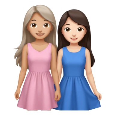 one Korean girl in blue and one white long haired brunette girl in light prink dresses smiling sticker