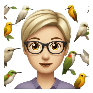 White girl  , brunette, with short hair, wearing glasses with a hummingbird next to her sticker
