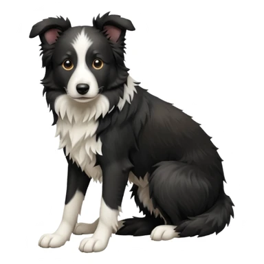 cinematic-[border collie dog]-realistic-full-body-sitting-emoji,-tail-resting-loosely-beside-its-paws,-head-tilted-dramatically,-scruffy-[black and white]-fur,-simplified-yet-realistic-focused-features,-highly-detailed,-glowing-with-an-almost-sarcastic-glow sticker