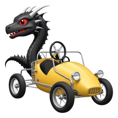 Special air-cooled three-cylinder race car whose frame and suspension is made of shopping cart material with a large gas tank, and rear spoiler, is being professionally steered/driven by a small black dragon  sticker