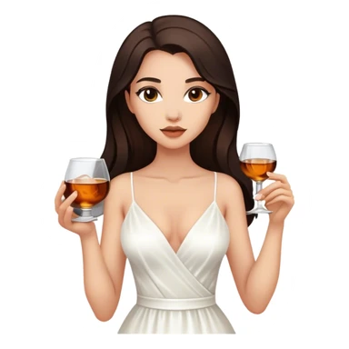 Beautiful woman in 1950’s woman fashion look, white dress, long dark brown hair, whisky with ice sticker