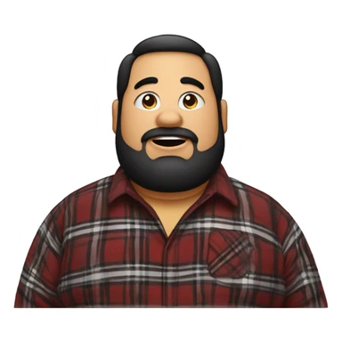 Fat man wearing a darkred and black plaid flannel shirt profile picture, happy, black hair sticker