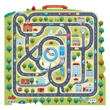 journey on a game board about Type 1 diabetes and aging with less roads, less buildings (hospital, places to live, advocacy, physical changes, to share knowledge and ways of coping, energetic with text: T1D to 100 and subtext Aging with Type 1 diabetes, easy for seniors to see sticker