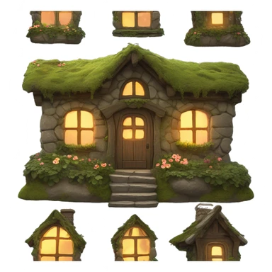 A cozy fantasy cottage made of stone and wood, covered in moss, vines, and flowers. The windows are aglow with firelight. sticker
