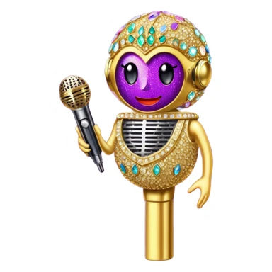 Create a glamorous and vibrant emoji representing stage vocal performance. The design should feature a humanless collage of classic vintage microphone, stage costume covered in rhinestones, sparkling brightly. The costume should be stylized, with glittering elements like sequins and sparkles, and reflect the glitzy, extravagant nature of show business. The microphone should have a sleek, retro look with chrome or metallic accents. Use rich, dazzling colors like gold, silver, deep purple, and bright red to evoke the glamorous, larger-than-life feel of a stage performance. The background should be transparent. sticker