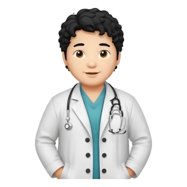 a young asian chubby male doctor with very black long curly hair and cheerful face without gpasses sticker