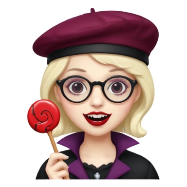 Vampire with lollipop, beret and glasses, teeth looks like vampire sticker
