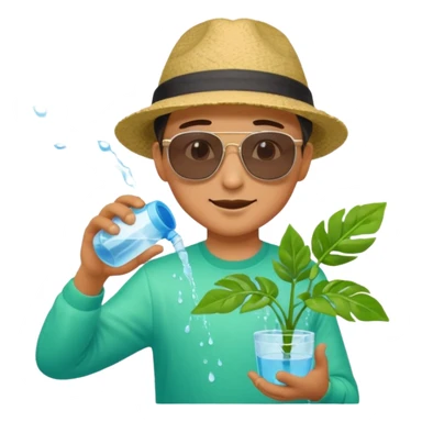 Realistic illustration of a man pouring water onto a green plant, standing outdoors in daylight, with a watering can in hand, gentle and caring expression, vibrant garden background, soft natural lighting, highly detailed, professional composition." sticker