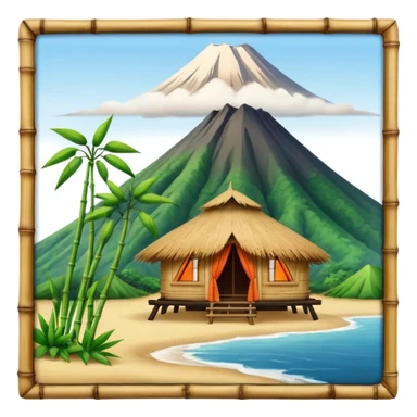 bamboo hut with volcano in the back in Volcano Island  sticker