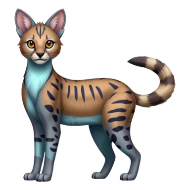 Realistic patterned marked edgy bluish greyish blackish whitish silvery coppery Shiny Colorful Glossy Genet-Caracal-Lion-Bobcat-fusion-animal-hybrid-creature, full body, tufted ears, long thin tufted tail sticker