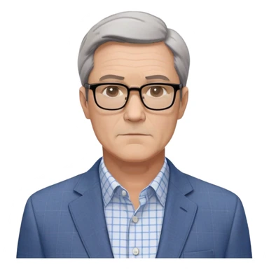 Middle-aged man around 50, square face with slight wrinkles, large dark square-framed glasses, short straight hair with subtle graying and side part. Composed serious expression. Wearing a light gray blazer over a white button-up shirt with blue checkered pattern. sticker