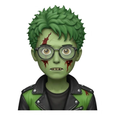 Hombre zombie de piel verde con chaqueta de cuero punk, pelo rizado corto y gafas sticker